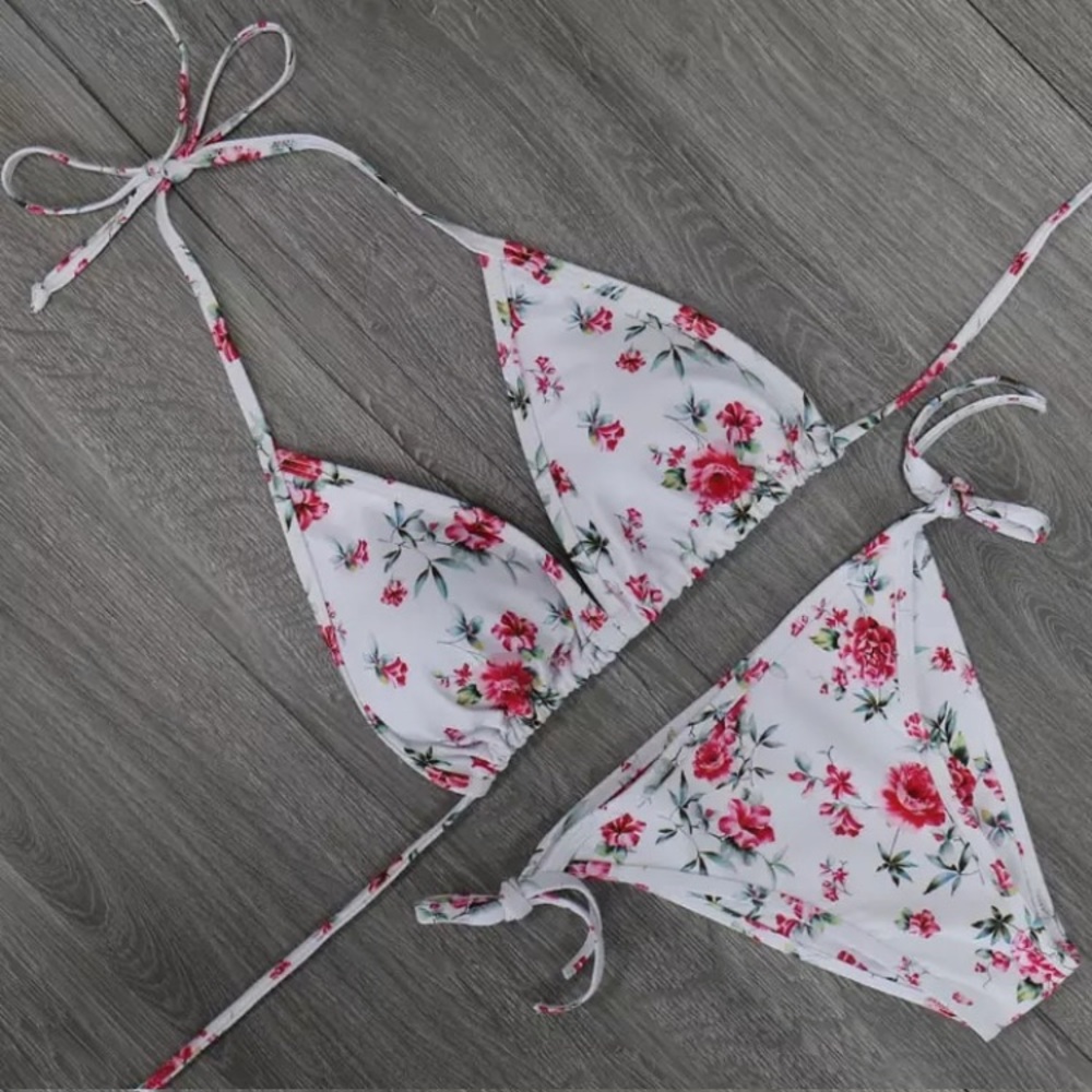 Floral Rose 2Pc Triangle Halter Bikini Swimsuit - Picture 3 of 4